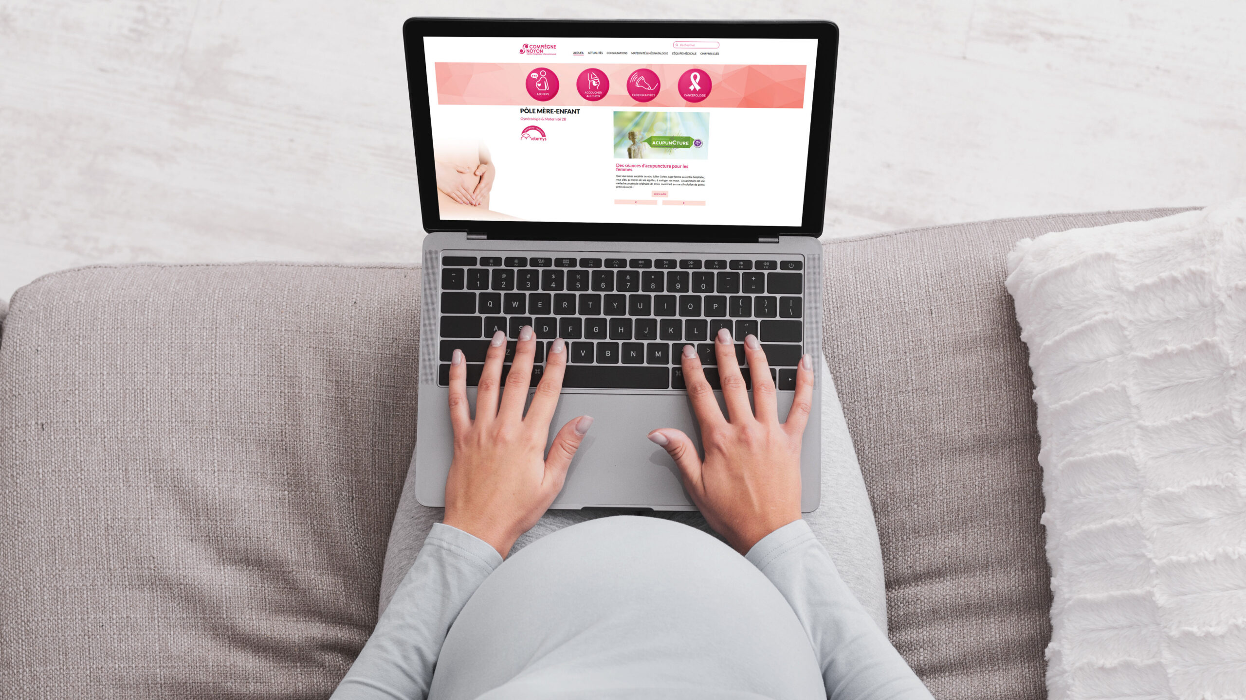 Unrecognizable Pregnant Girl Using Laptop Browsing Internet Sitting On Sofa Indoors. Panorama, Mockup, Top-View